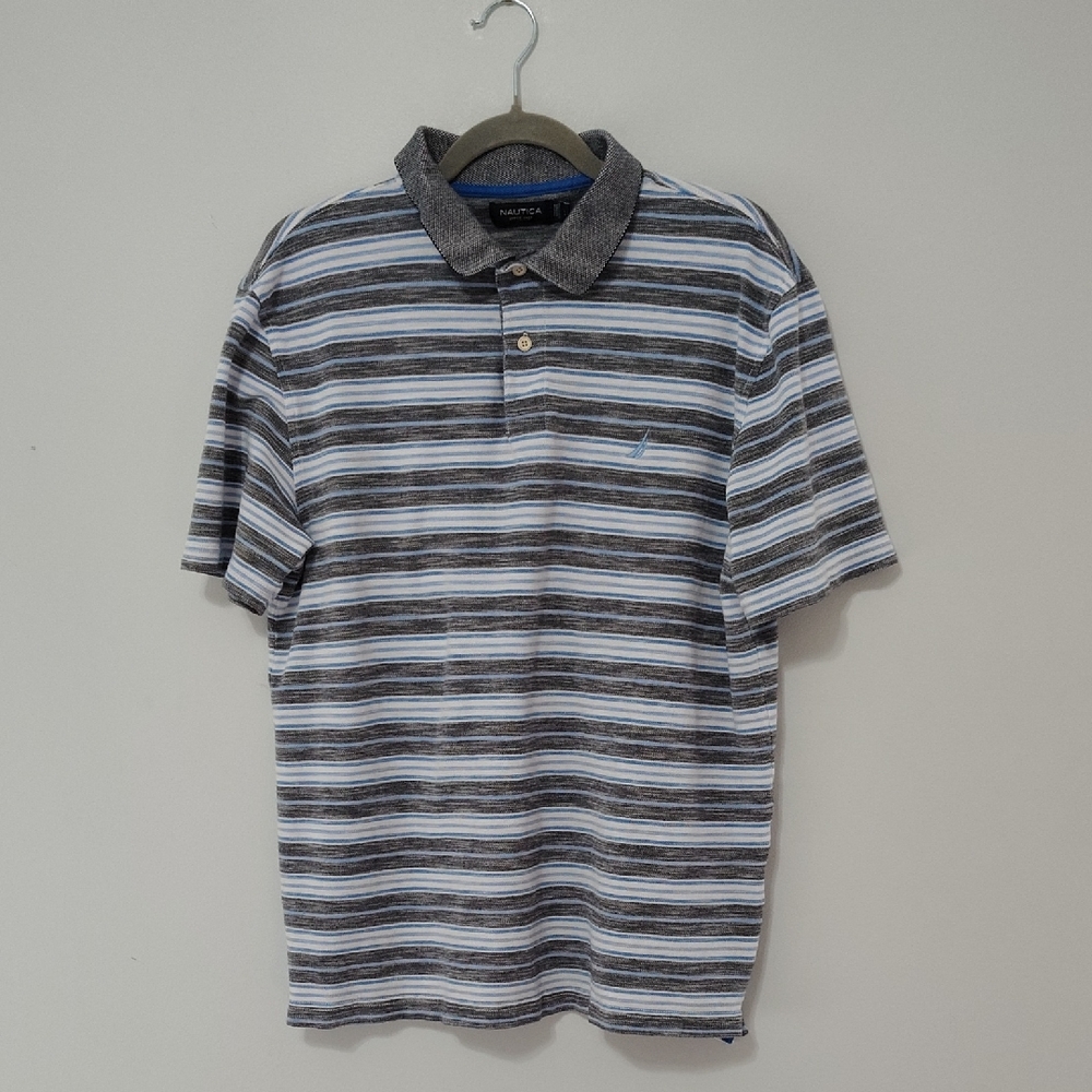 Nautica Knit Polo Shirt Size L Heather Gray & Blue Stripes Casual Golf Summer